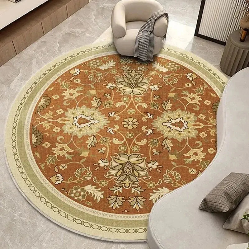 Round mandala rug under rocking chair in soft reading nook