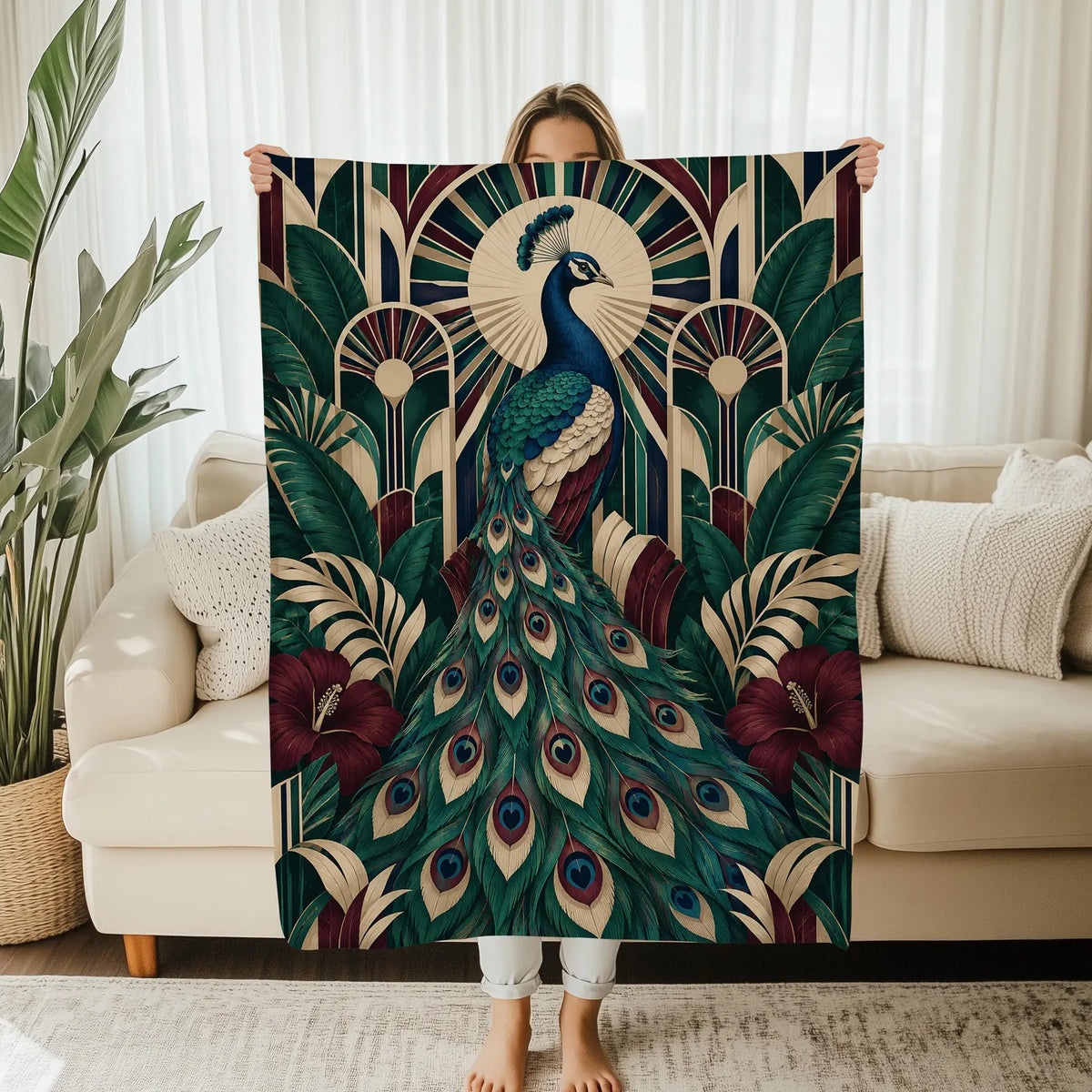 Boho blue peacock throw blanket with floral artwork