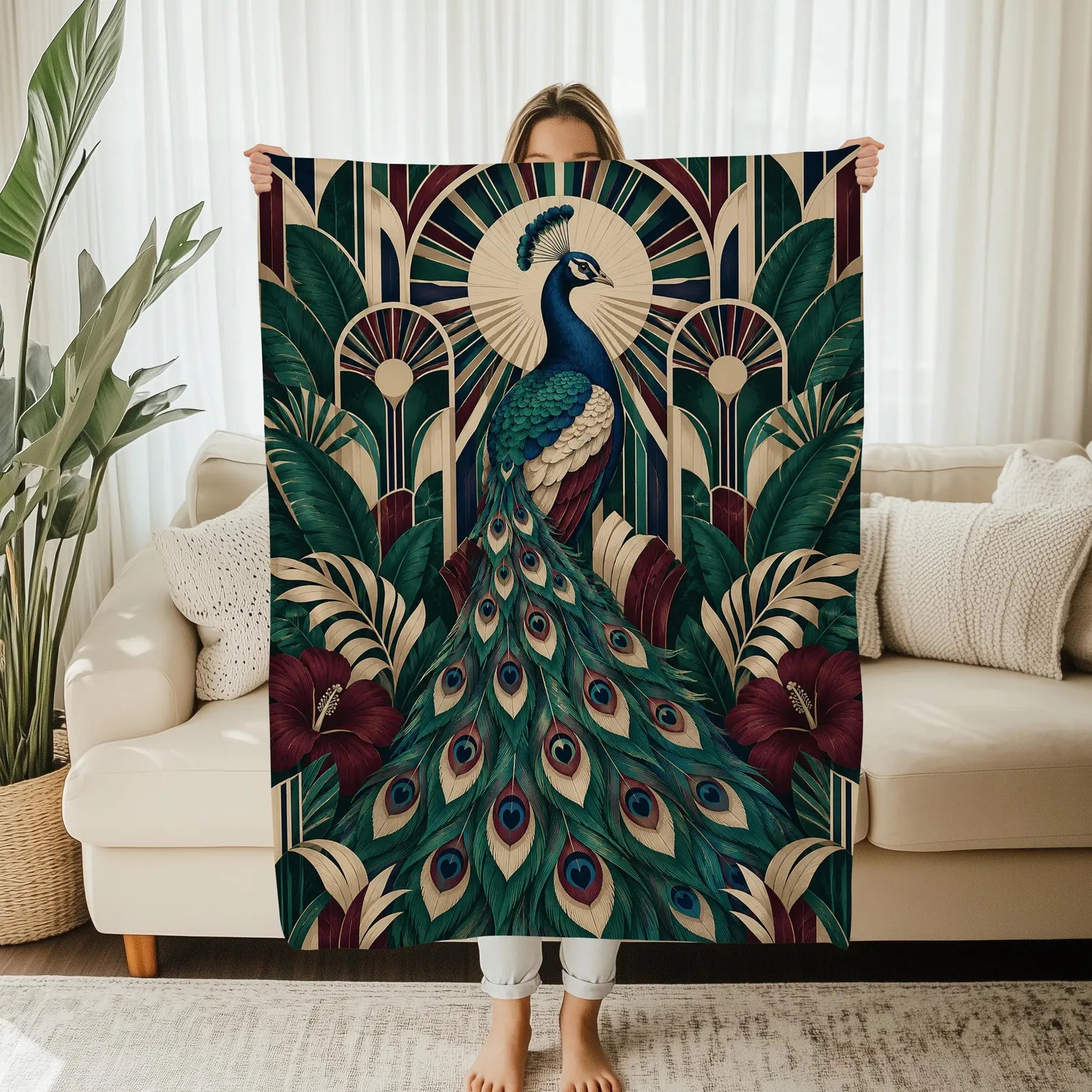 Boho blue peacock throw blanket with floral artwork