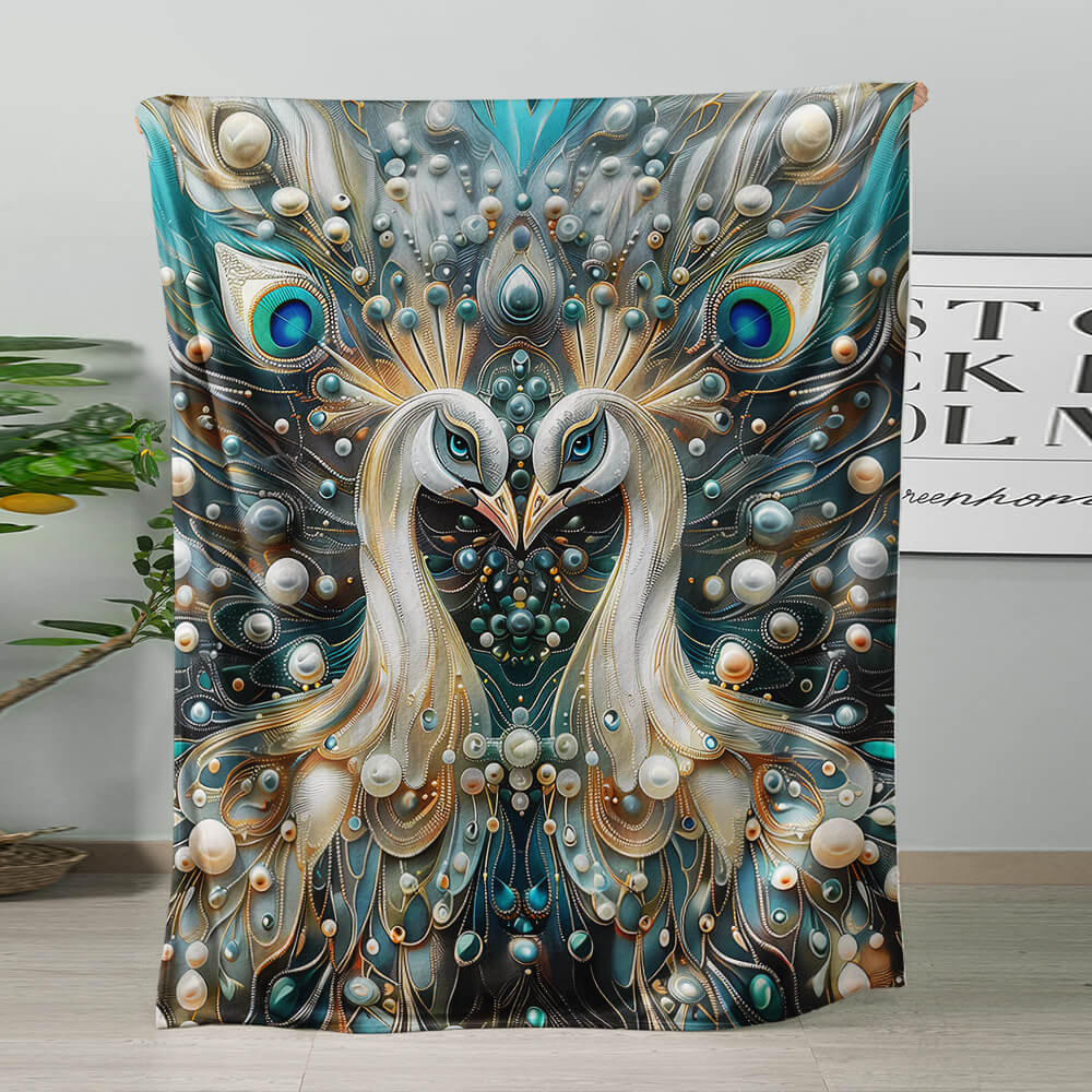 White peacock blanket featuring elegant botanical bird art