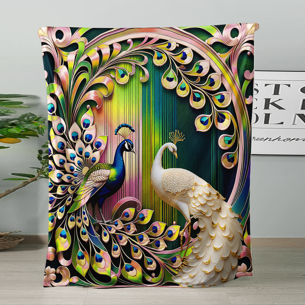 Peacock bird art throw blanket with botanical design