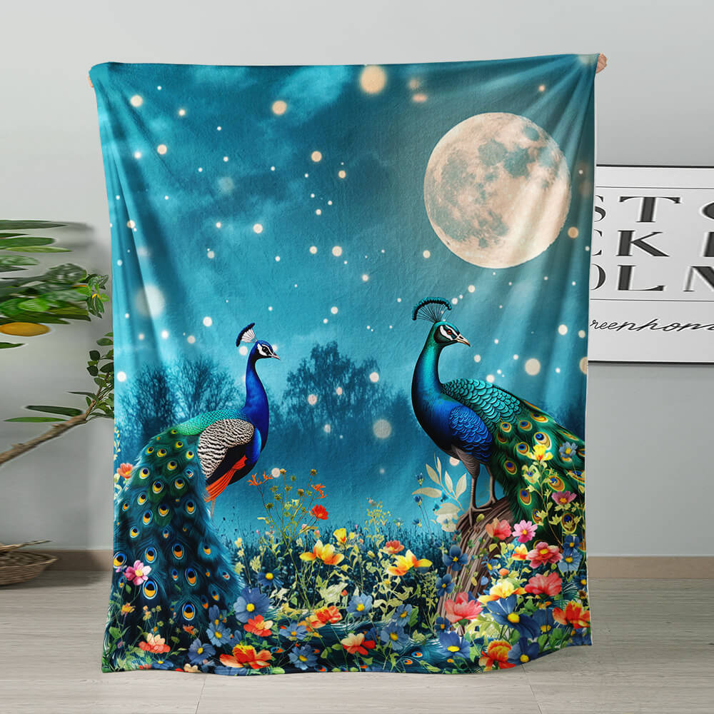 Decorative peacock throw with vintage inspired floral art
