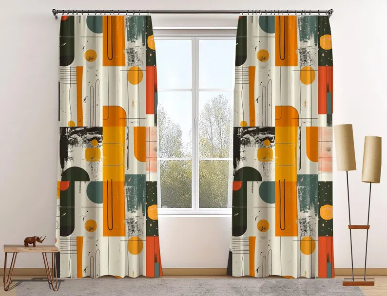 Boho Chic Abstract Window & Door Curtains, Bold Statement Blackout Curtain, Vintage-Inspired Fabric, Mid-Century Modern Drapes with Hooks