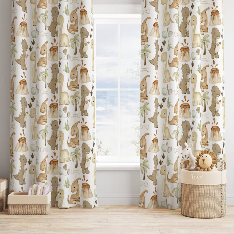 
Boho Dinosaur Print Curtains – Kids Room Drapes, Neutral Beige Nursery Decor with Prehistoric Pattern