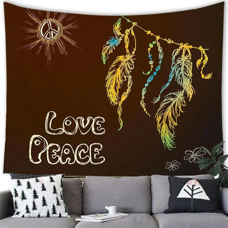 Bohemian dream catcher wall banner with soft mandala and feather print