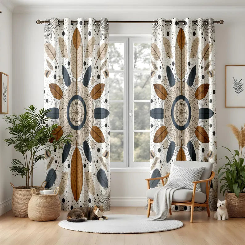 Boho Feather Mandala Curtains, Dreamcatcher Thermal Drapes for Living Room, Earth Tone Spiritual Window Panels, Tribal Style Decor