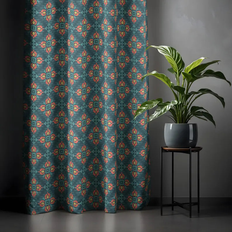 Boho Floral Pattern Curtain - Teal and Coral Decorative Drapes for Cozy Home Decor
