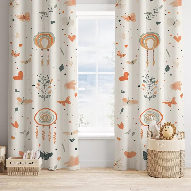 Boho Kids Room Curtains: Rainbow Dreamcatcher Cotton-Velvet
Drapes