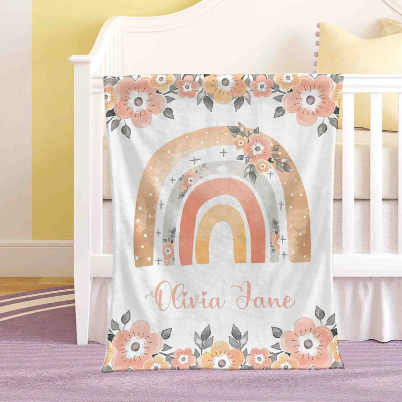 Boho Rainbow Nursery Blanket Personalized Floral Rainbow Baby Blanket Kids Custom Name Blanket