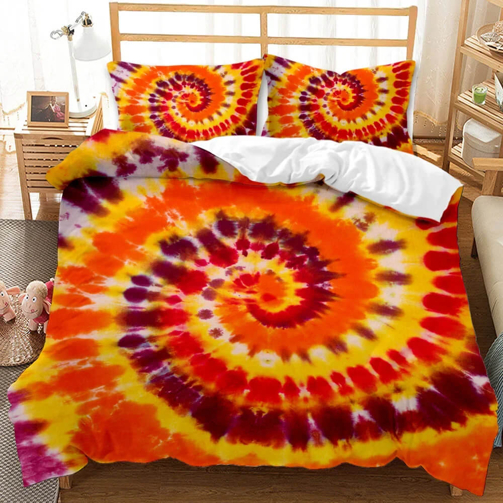 Boho hippie bedroom decor with colorful tie dye bedding set