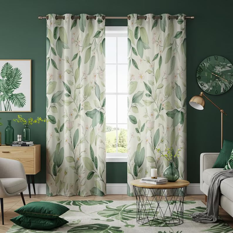 Botanical Leaf Curtains, Soft Green Watercolor Drapes, Nature Floral Custom Heading Curtain Panels