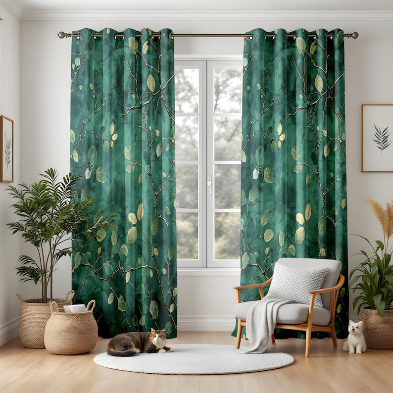 Botanical Living Room Curtains, Forest Green Leaf Print Drapes, Nature Inspired Window Panels for Relaxing Spaces