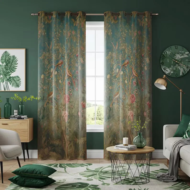 botanical and bird print curtains for gift