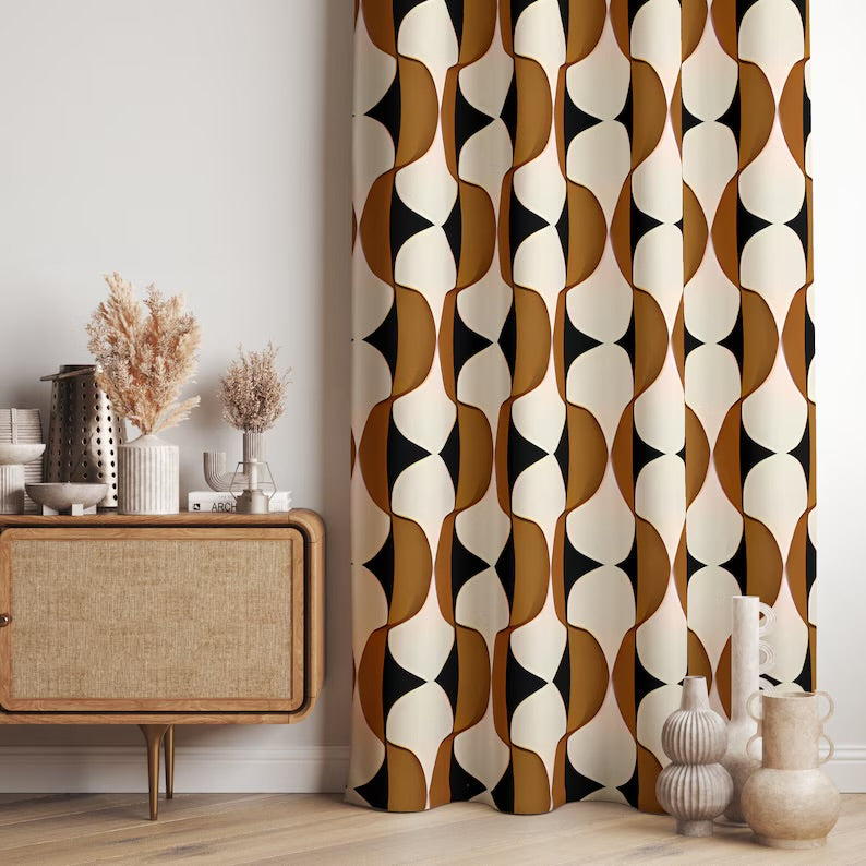 Brown Mcm Blackout Curtains, Retro Curtains Panel, Mid Century Modern Panels, 70s Grommet Panel Curtains, Abstract Geometric Curtains