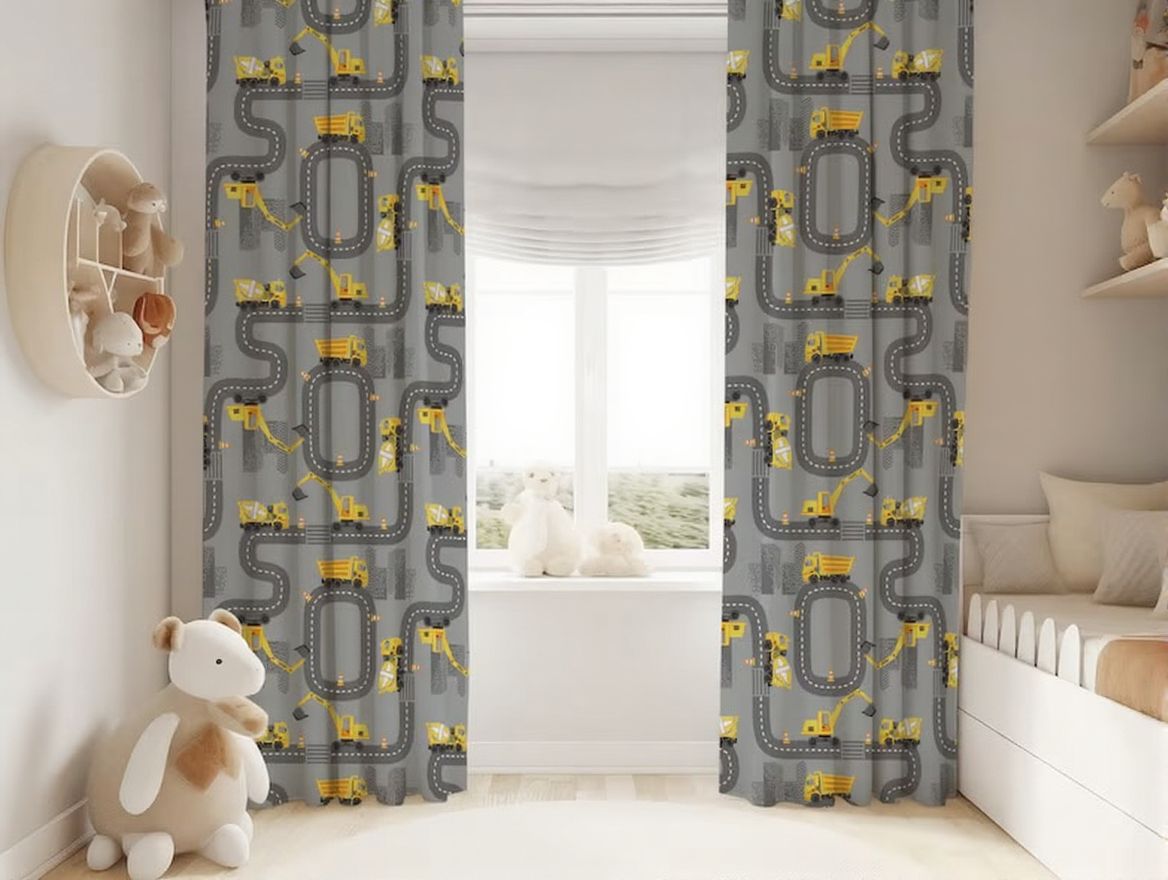 Bulldozer themed curtains