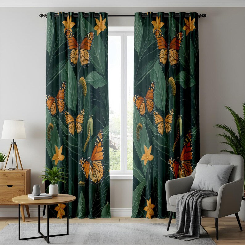 Butterfly Garden Living Room Curtains, Tropical Floral Window Drapes, Monarch Butterfly Home Decor, Nature Inspired Greenery Curtain Panels