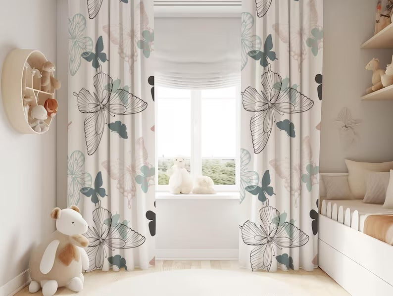 Butterfly Print Velvet Curtains: Boho Kids Room Decor