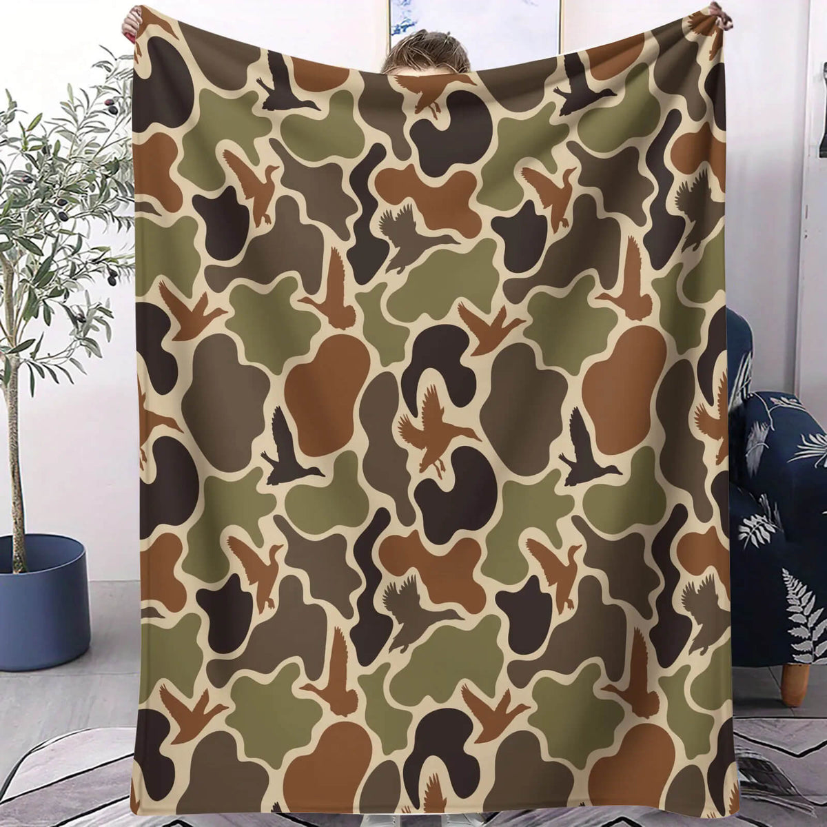 camo print flannel blanket close up