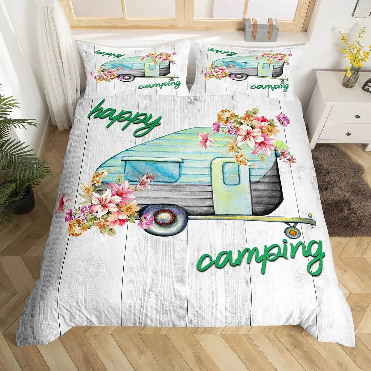 happy camper bedding detail