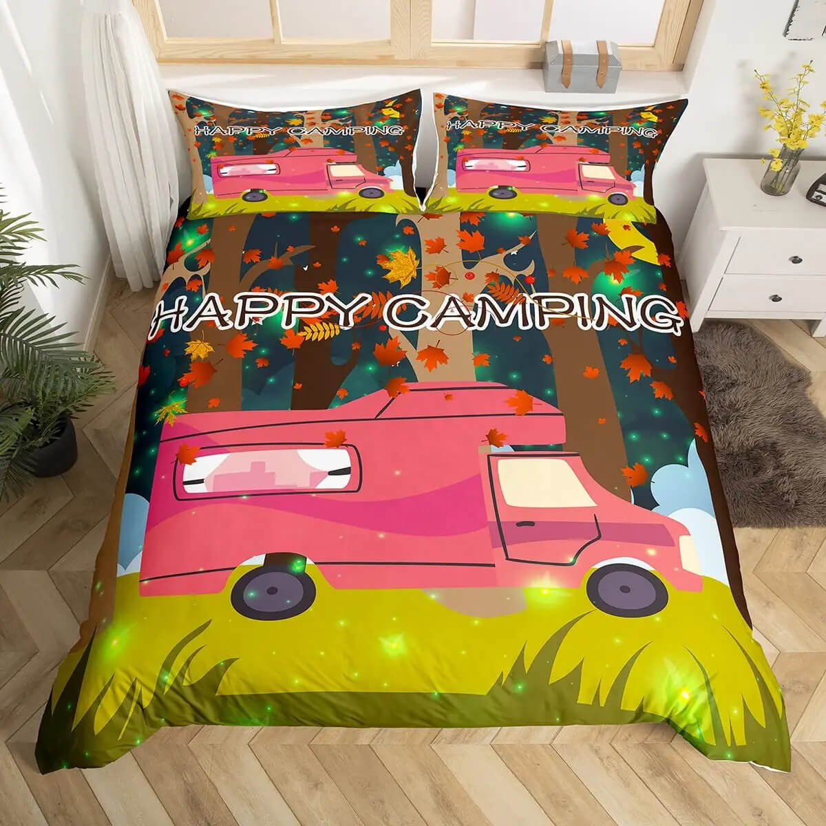 Colorful 'Happy Camping' bedspread with pink camper van design