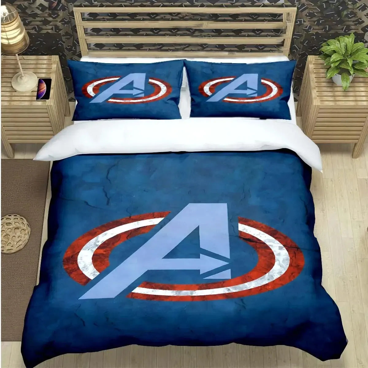 Captain America duvet cover set with Marvel shield design on a bed
