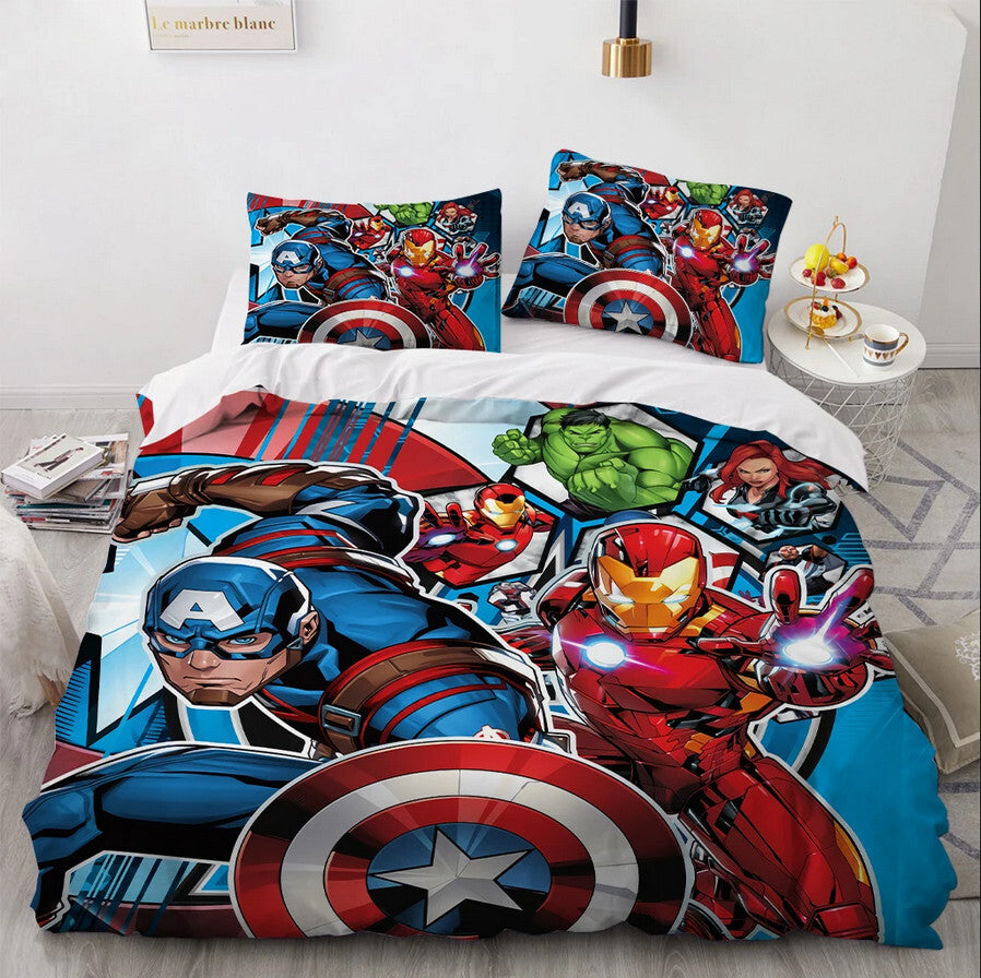 Captain America and Iron Man Avengers quilt cover on kids bed