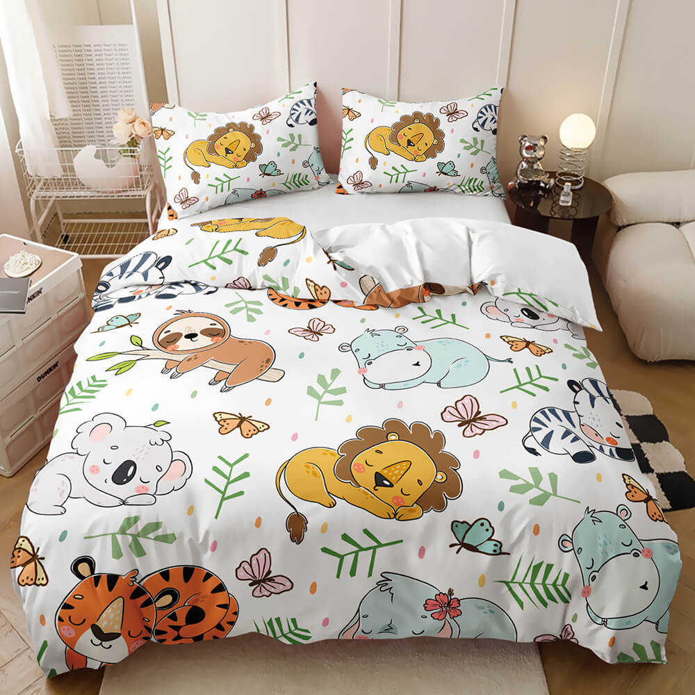 colorful cartoon safari animal pattern, including a lion, sloth, koala, zebra, hippo, and butterfly Kids animal bedding set for a cheerful bedroom