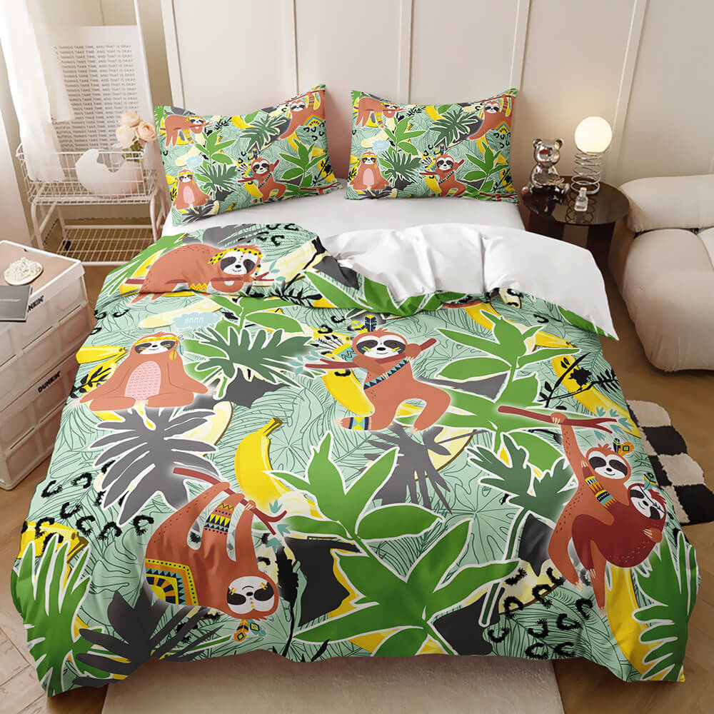 A colorful cartoon sloth and tropical leaf bedding set Fun kids quilt cover with playful animal illustrations