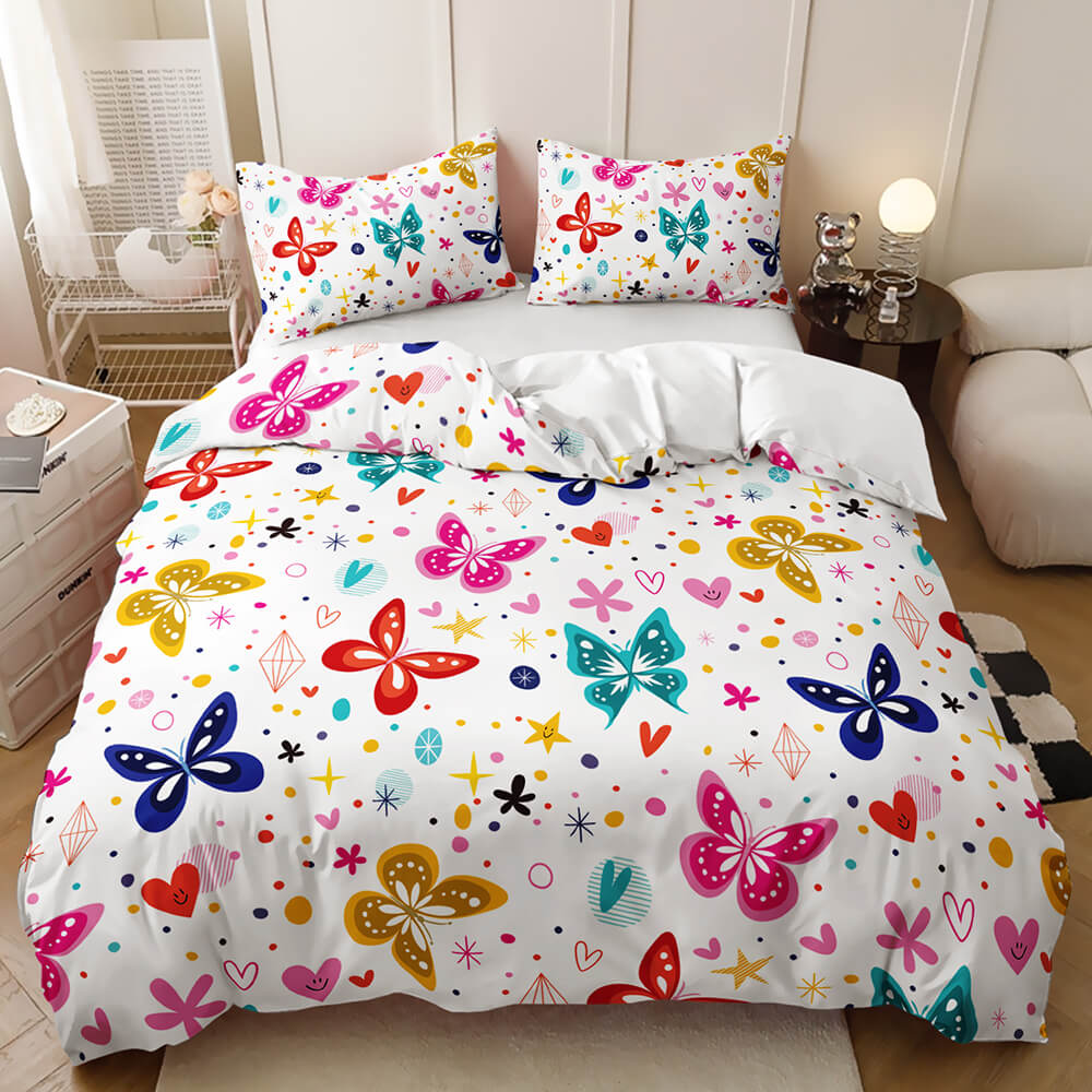 A colorful butterfly and heart patterned bedding set Kids duvet featuring cute cartoon animal friends