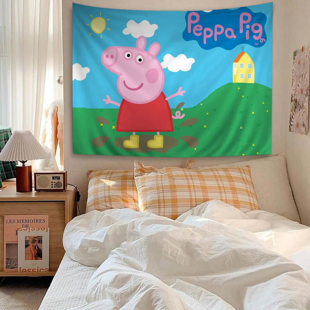 Bright and colorful Peppa Pig cartoon tapestry
