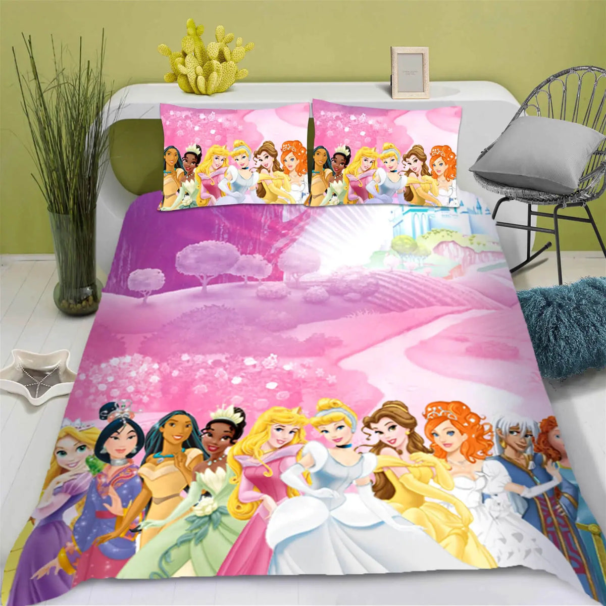 Cartoon Princesses Cinderella &amp; Pocahontas Luxury Pink Duvet Cover