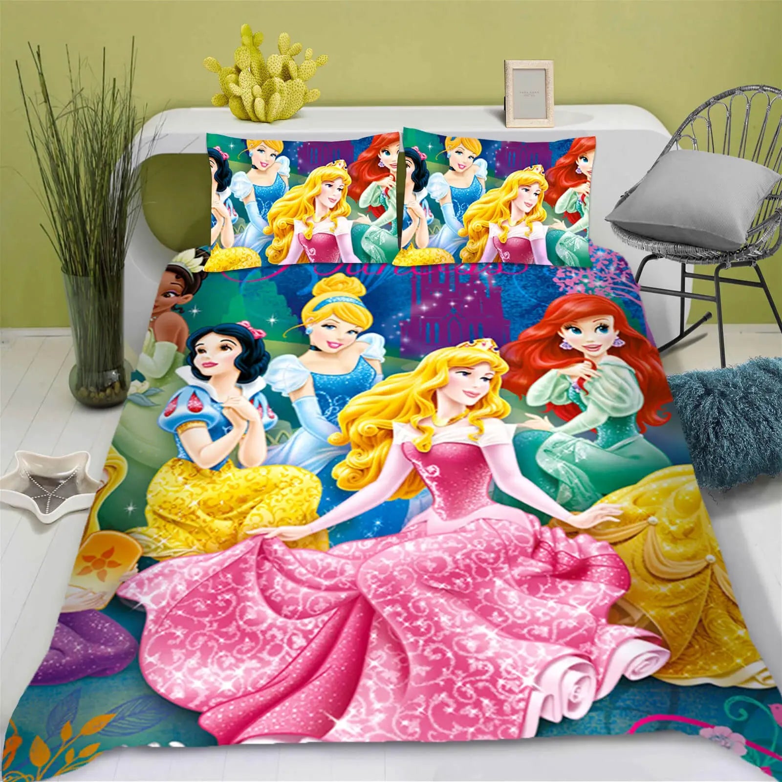 Cartoon Princesses Tiana & Snow White Girls Bed Sheet