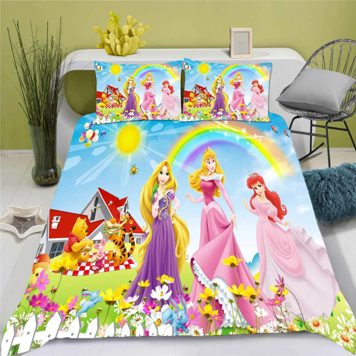 Cartoon Princesses Sleeping Beauty Aurora & Rapunzel Kids Bedding Set