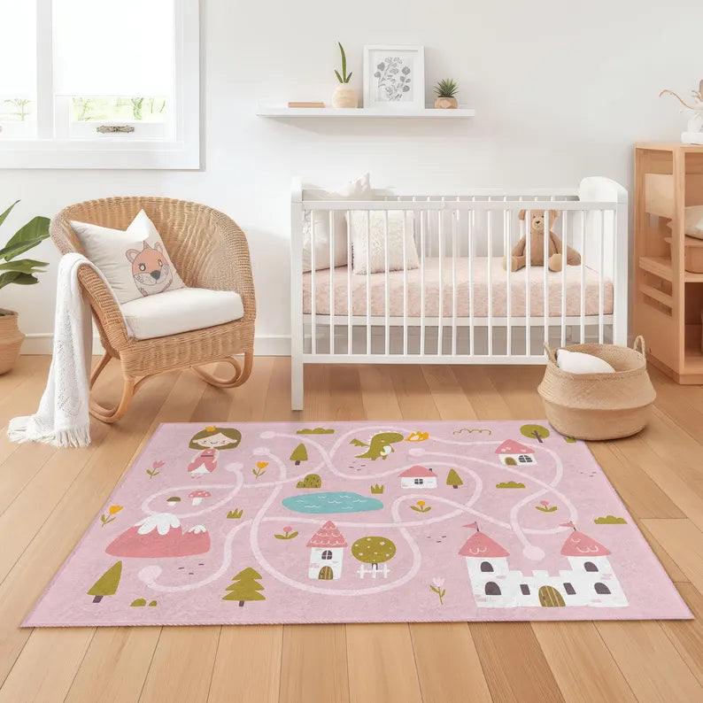 Castle Road Playroom Rug, Kids Map Carpet with River and Trees, Colorful Fairytale Town Floor Mat, Washable Non Slip Rug for girls