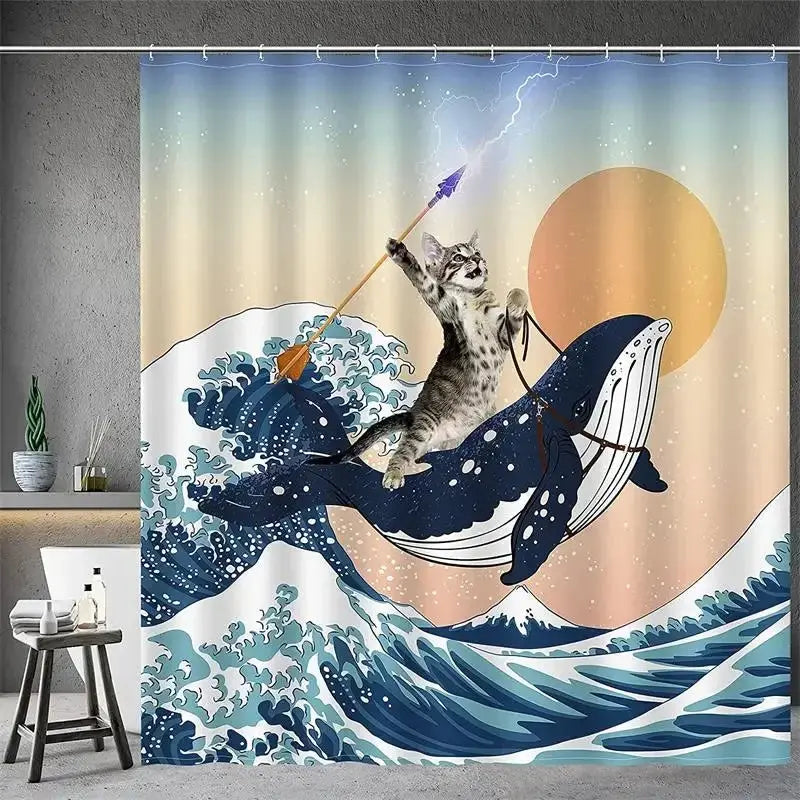 Cat Riding Shower Curtain My Store