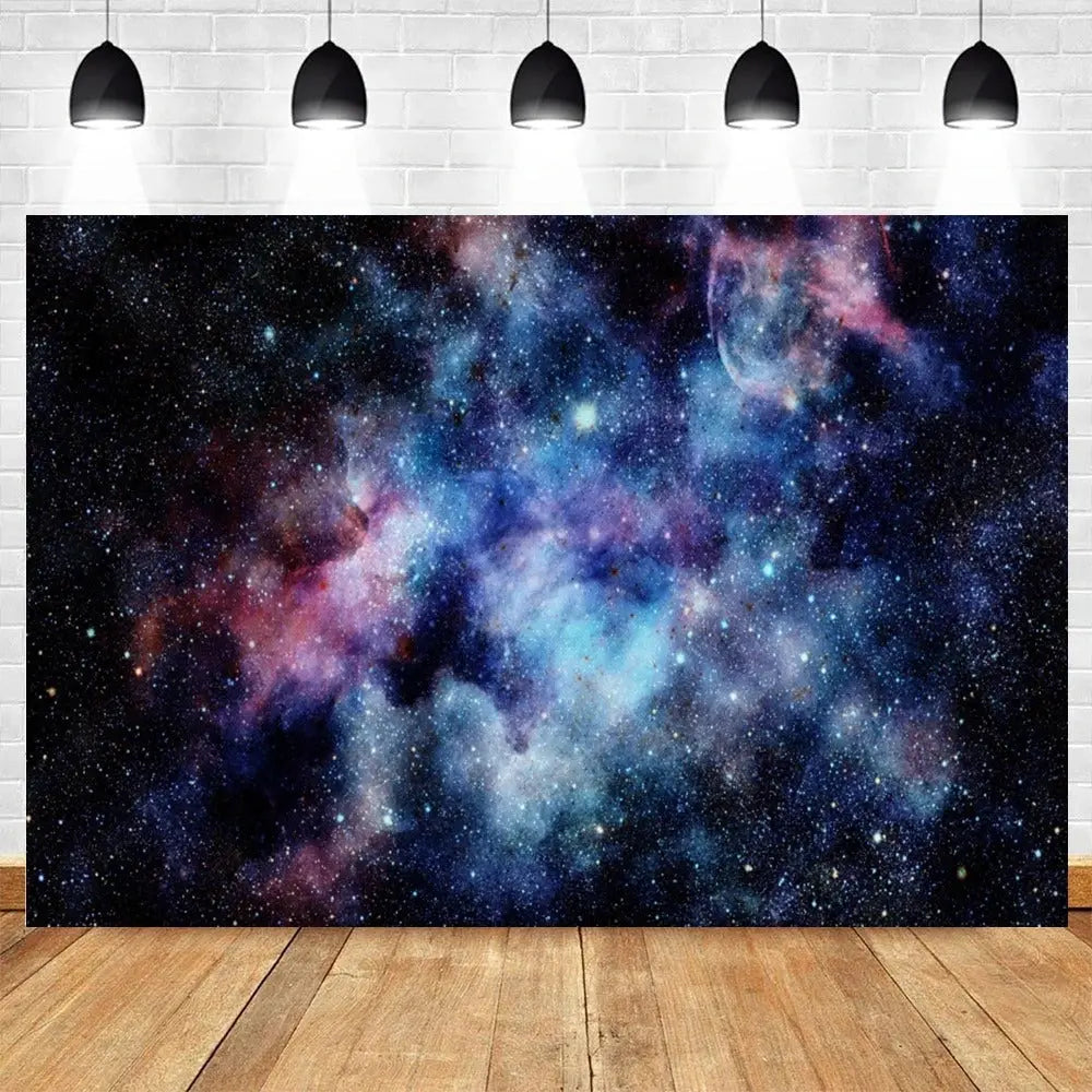 Celestial galaxy backdrop banner with star-filled space design