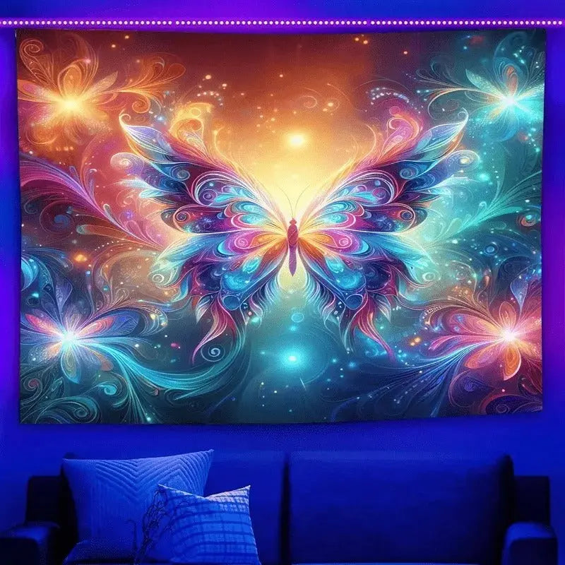 Celestial butterfly heartburst print in cosmic fabric art style