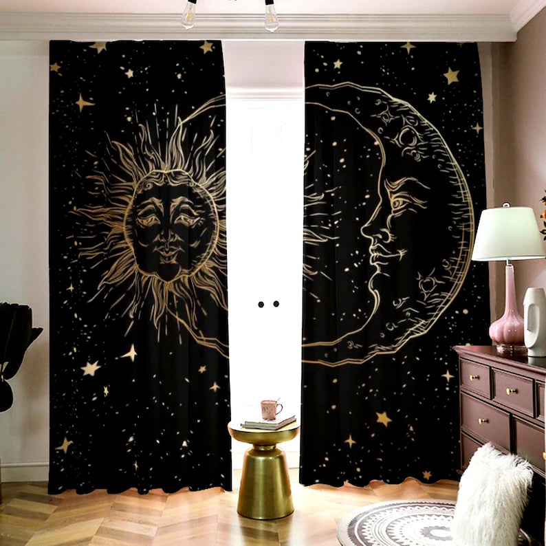 Celestial Blackout Curtains: Gold Moon & Stars, Dark Academia Decor