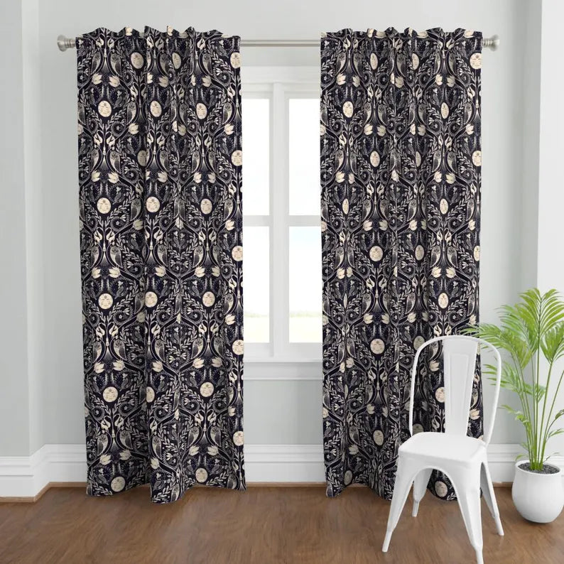 Celestial Damask Curtain Panel - Whimsical Gothic Moon Stars Night Sky Owl Raven Custom Curtain Panel