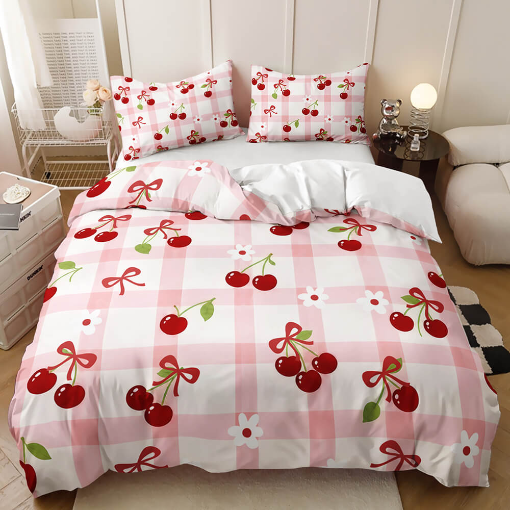 Cherry and pink plaid bow doona cover