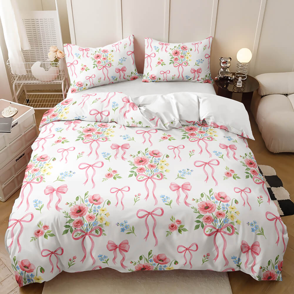 Pink plaid duvet cover with bow