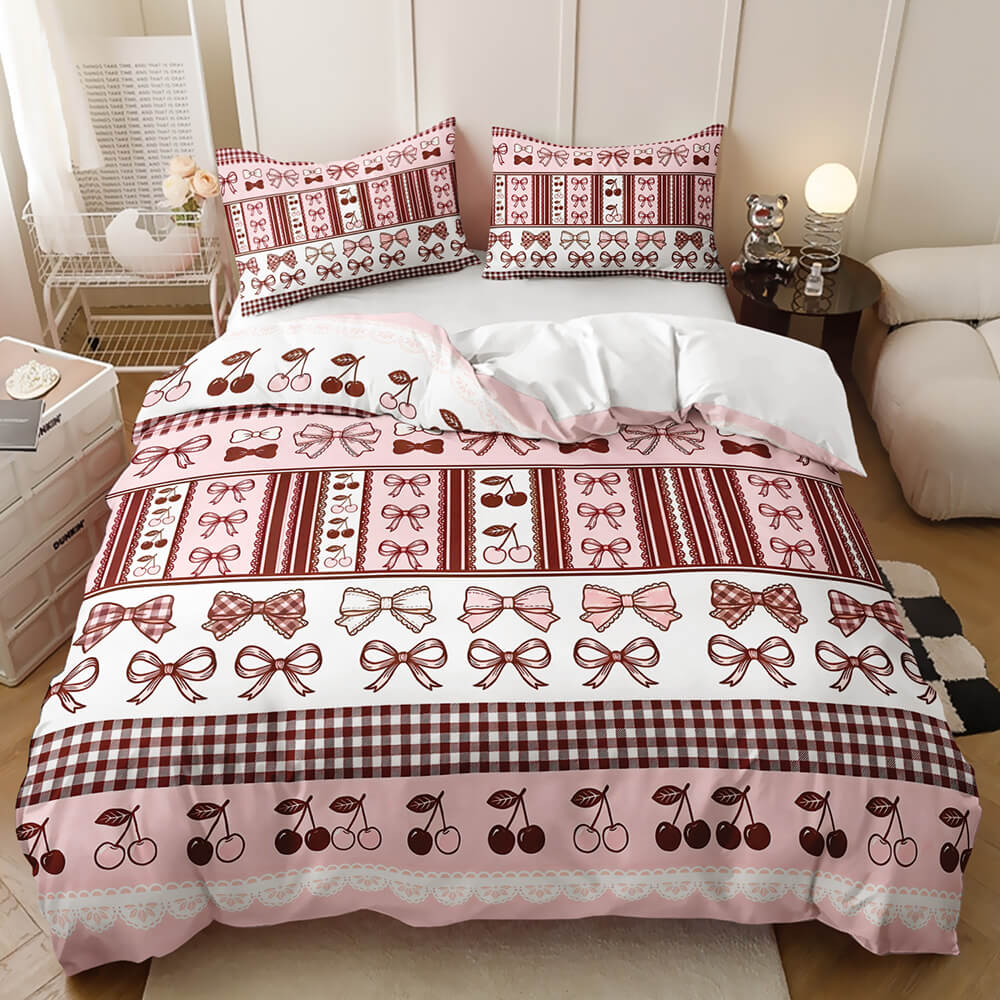 Pink plaid duvet cover with bow