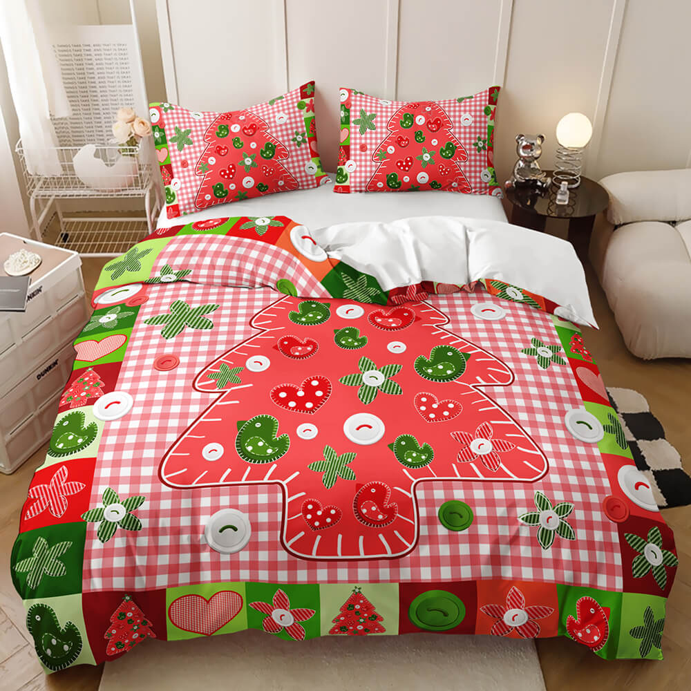 Christmas-themed bedspread with tree design on a bed in a room.