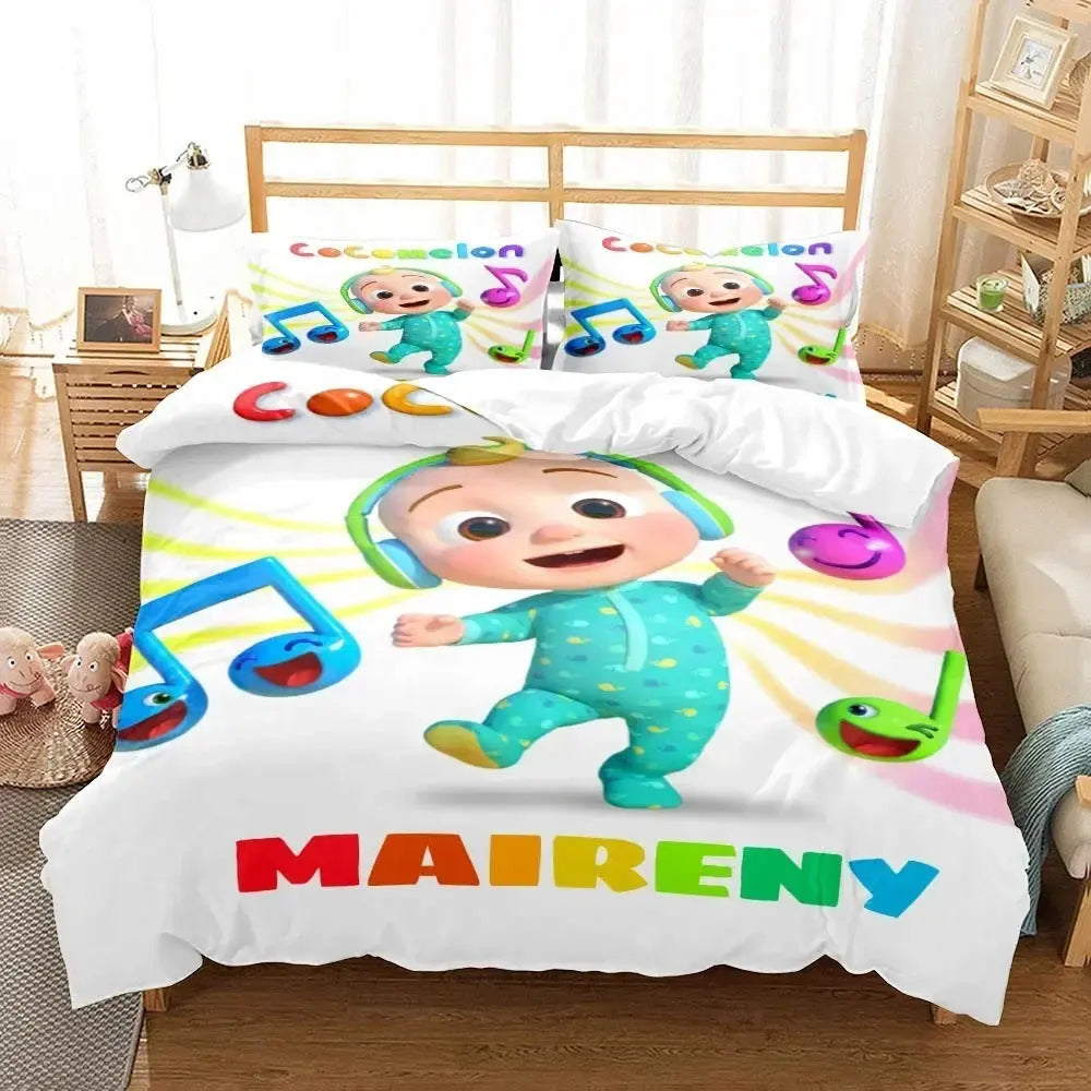 Cocomelon bedding with JJ character printed on a cozy duvet set