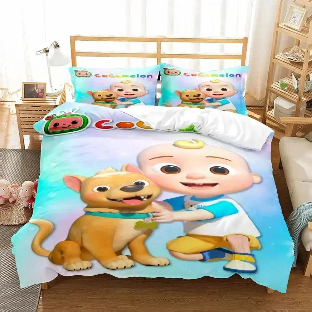 Cocomelon duvet set with JJ and his dog printed on a soft microfiber bedding