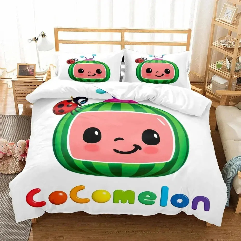 Cocomelon bedding set featuring only the Cocomelon logo on a kid’s bed