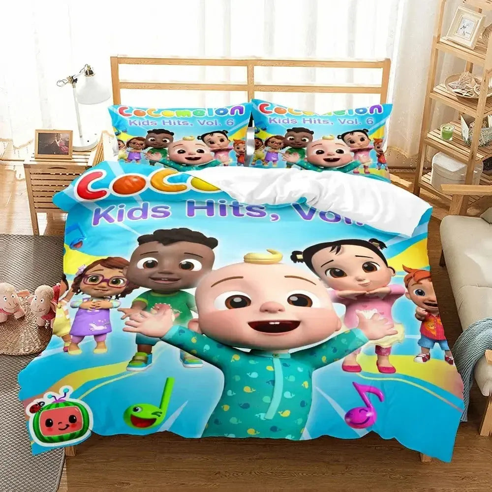 Cocomelon bedding set featuring JJ on a cozy child&#39;s bed