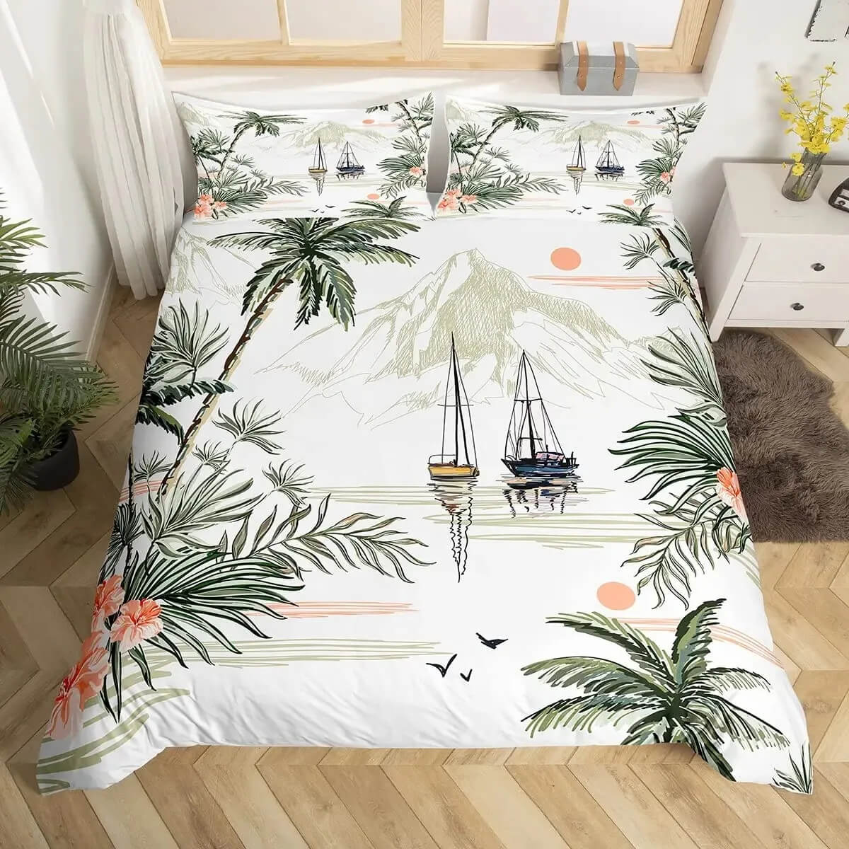 Boho tropical palm tree bedding set for modern homes