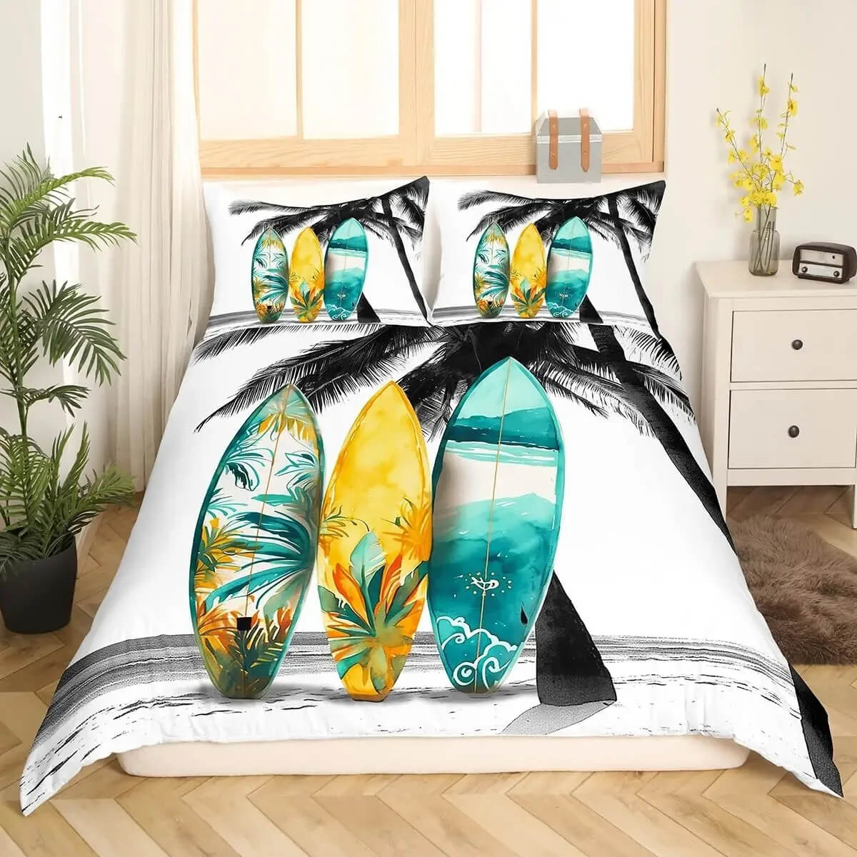 Coconut palm print bedding set for coastal decor