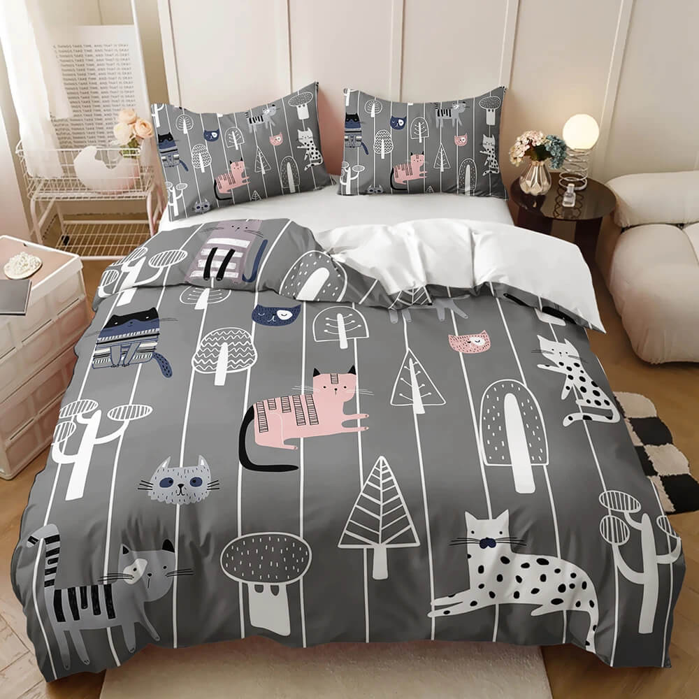 Fun cartoon bedding set whimsical pattern of cats, trees, and mushrooms on a dark gray background.